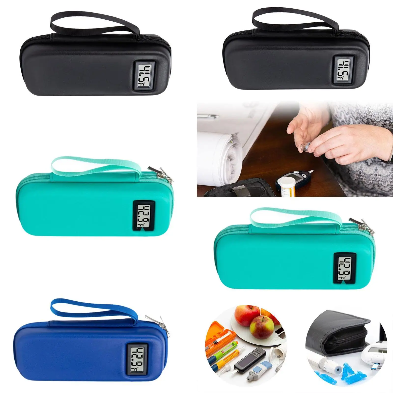 حافظة أقلام الأنسولين للتخزين البارد مع عرض درجة حرارة ميزان الحرارة، حقيبة تنظيم مبردة للتخييم