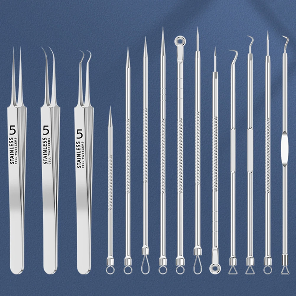 Kit de Extractor de espinillas de acero inoxidable, limpieza Facial, eliminador de acné, herramienta multifuncional de eliminación de acné, para el cuidado facial, 14 Uds.