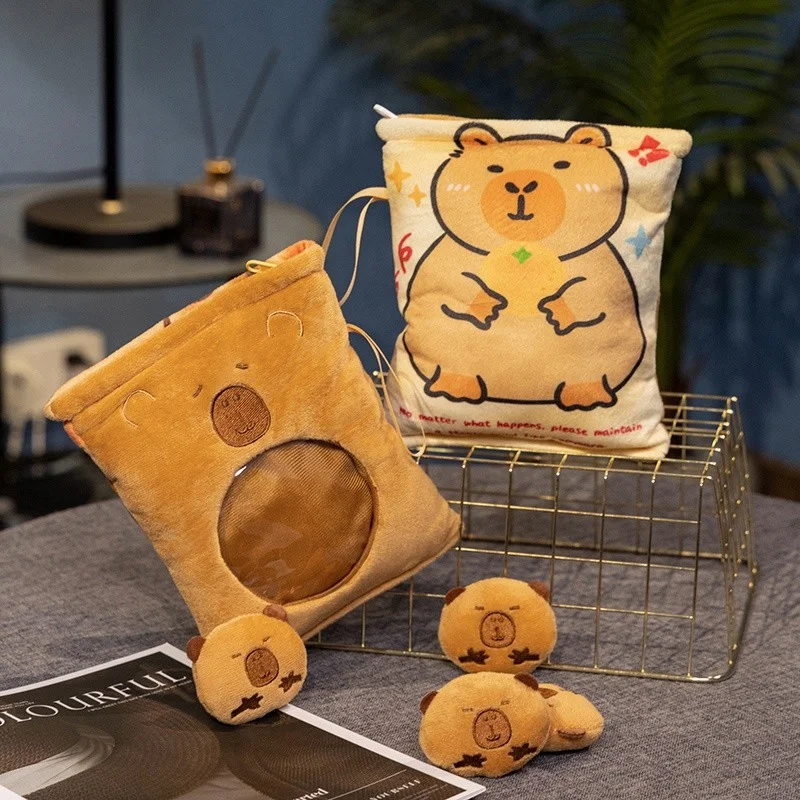 Capybara Snack Bag Plush, Removable Stuffed Animals with 4 Mini Capybara Stuffed Animals Kawaii Pudding Pillow Plush Decor for K