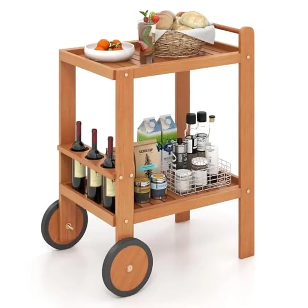 Wood 2 Tier Rolling Bar Cart with Wine Bottle Holders Rubber Wheels Indoor Outdoor Serving Table Drink Beverage Storage Space