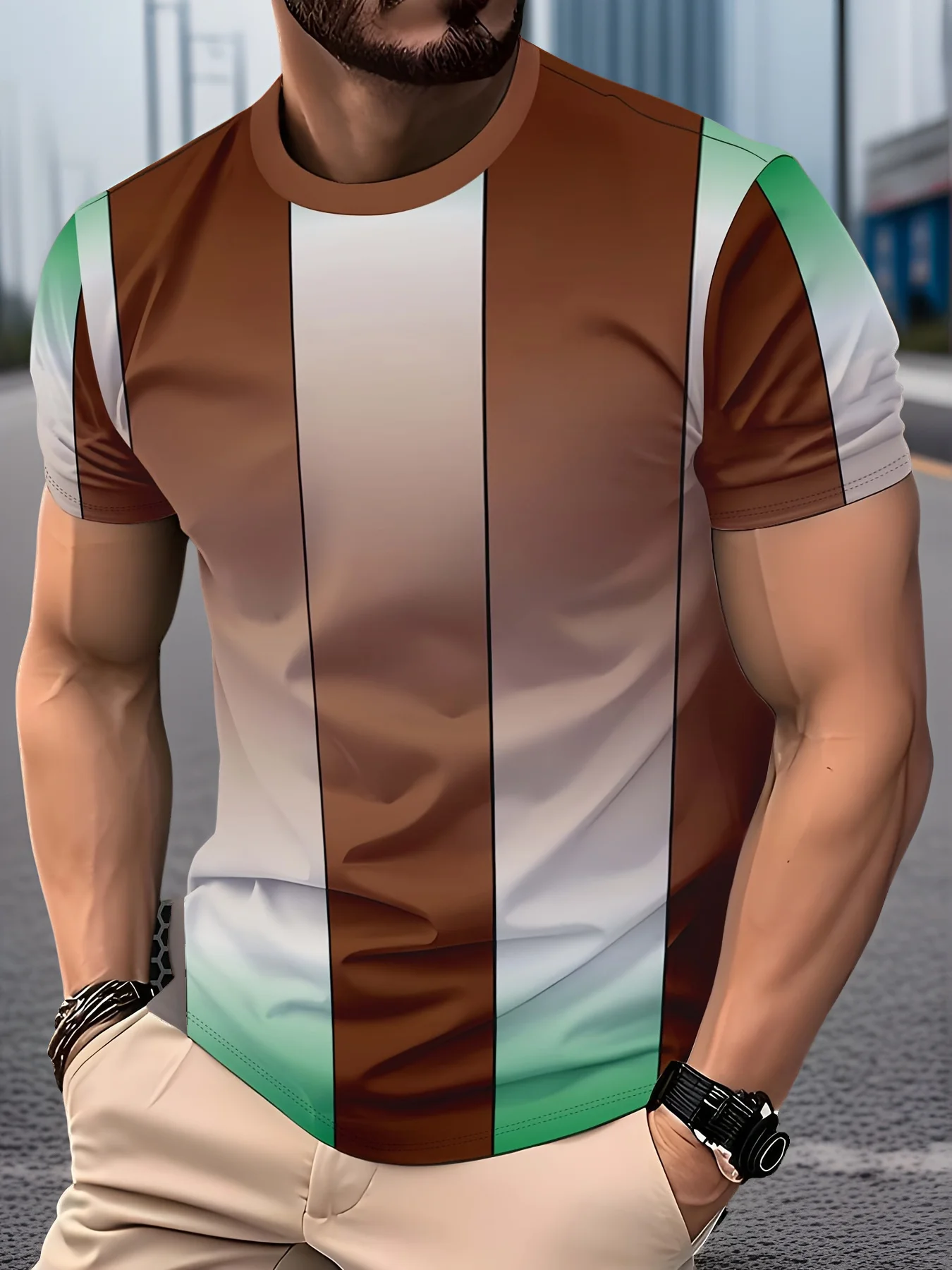 Men Sports Short Sleeve T-shirt High Elastic Quick Dry Vertical Gradient Stripe Print Breathable Daily Workout Top