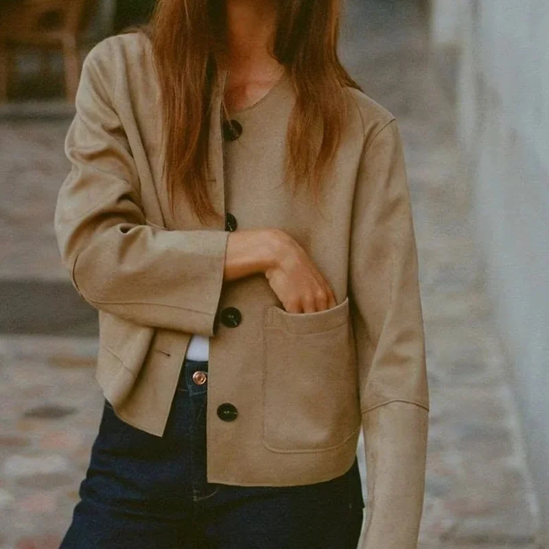 Retro Casual Faux Leather Long Sve round Ne Jaet Women's Spring 2025 Stand Fit Outerwear Soft Texture Coat