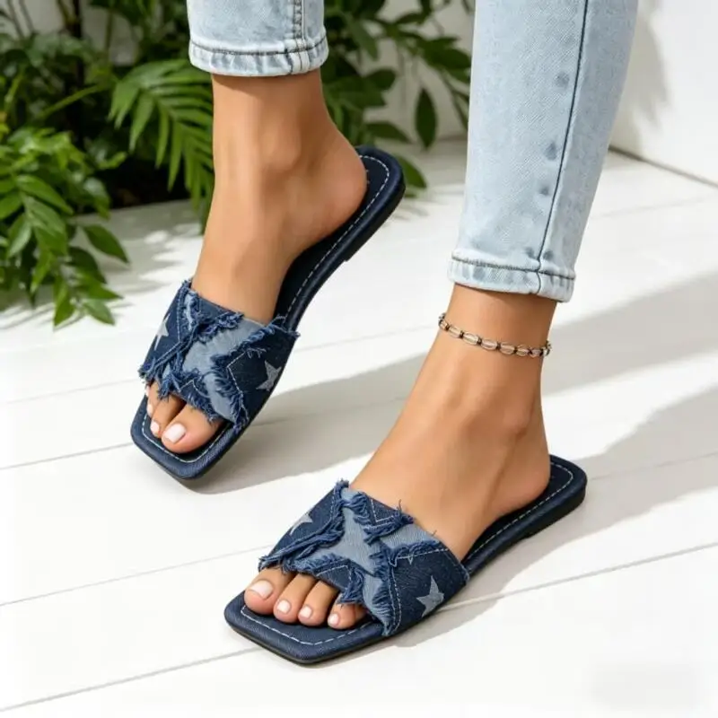 Sandales plates en jean Y2K pour femme, motif étoile patchwork, bout carré, légères, pour l'été 2026