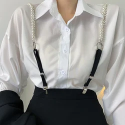 3 Clips Pearl Rhinestone Chain Suspenders Belt for Women Elastic Trousers Pants Tights Strap Garter Adjustable