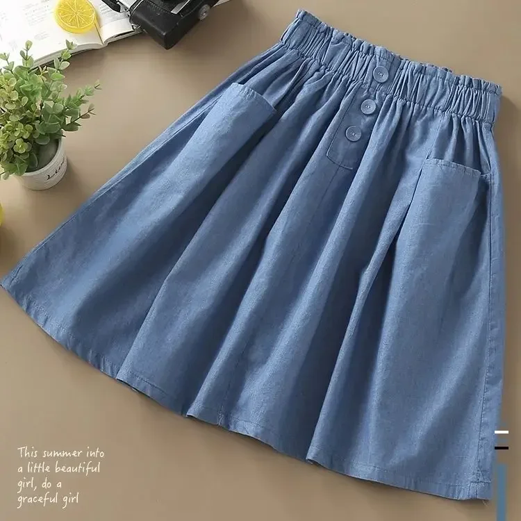 Kids Girls Cotton Skirts Mid-Length Summer Skirts Princess Blue Khaki Skirts 2024 Teenage Girls Casual Skirt With Pocket