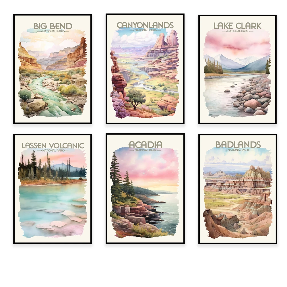 Watercolor travel poster of Kobuk Valley, Lassen Volcano, Lake Clark, Iguazu Falls Argentina, National Park of American Samoa