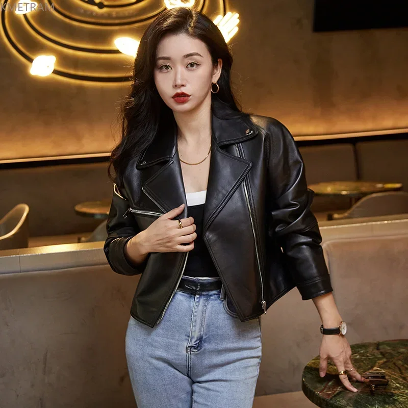 Echt lederjacke Frauen 23 kurze Lederjacken mit hoher Taille für Frauen koreanische Mode echtes Schaffell Ledermantel schwarzes Top