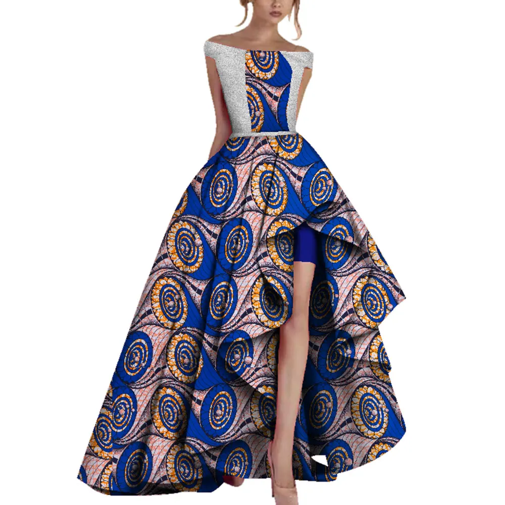 

Bintarealwax Dashiki African Dresses for Women Africa Print Off Shoulder Cap Sleeve Ruffle Hem Dress for Wedding Party WY3505