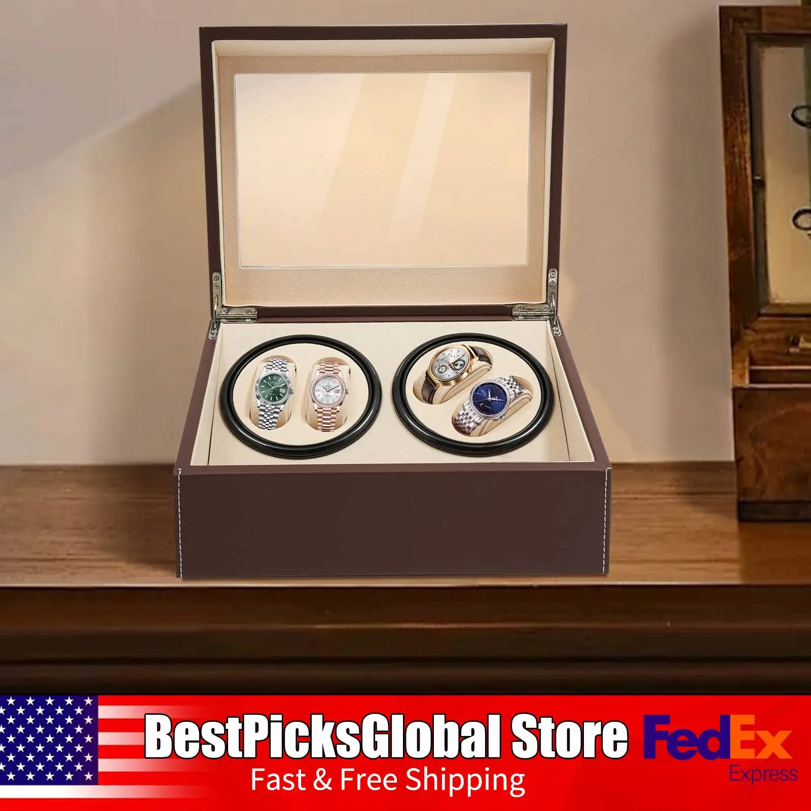 

Watch Winder Box, Brown Leather, 6.5-8.5rpm, 4+6 Automatic Watch Box with 6 Hard Pillows for Display&Storage 100-240V