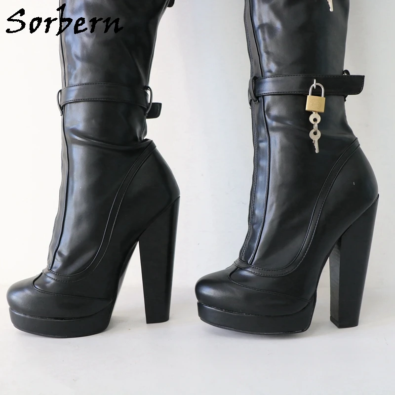 Sorbern Black Long Boots Women With Locks Red Tongue Block High Heels Lockable Zippers Platform Round Toe Shoes Custom Wide Legs