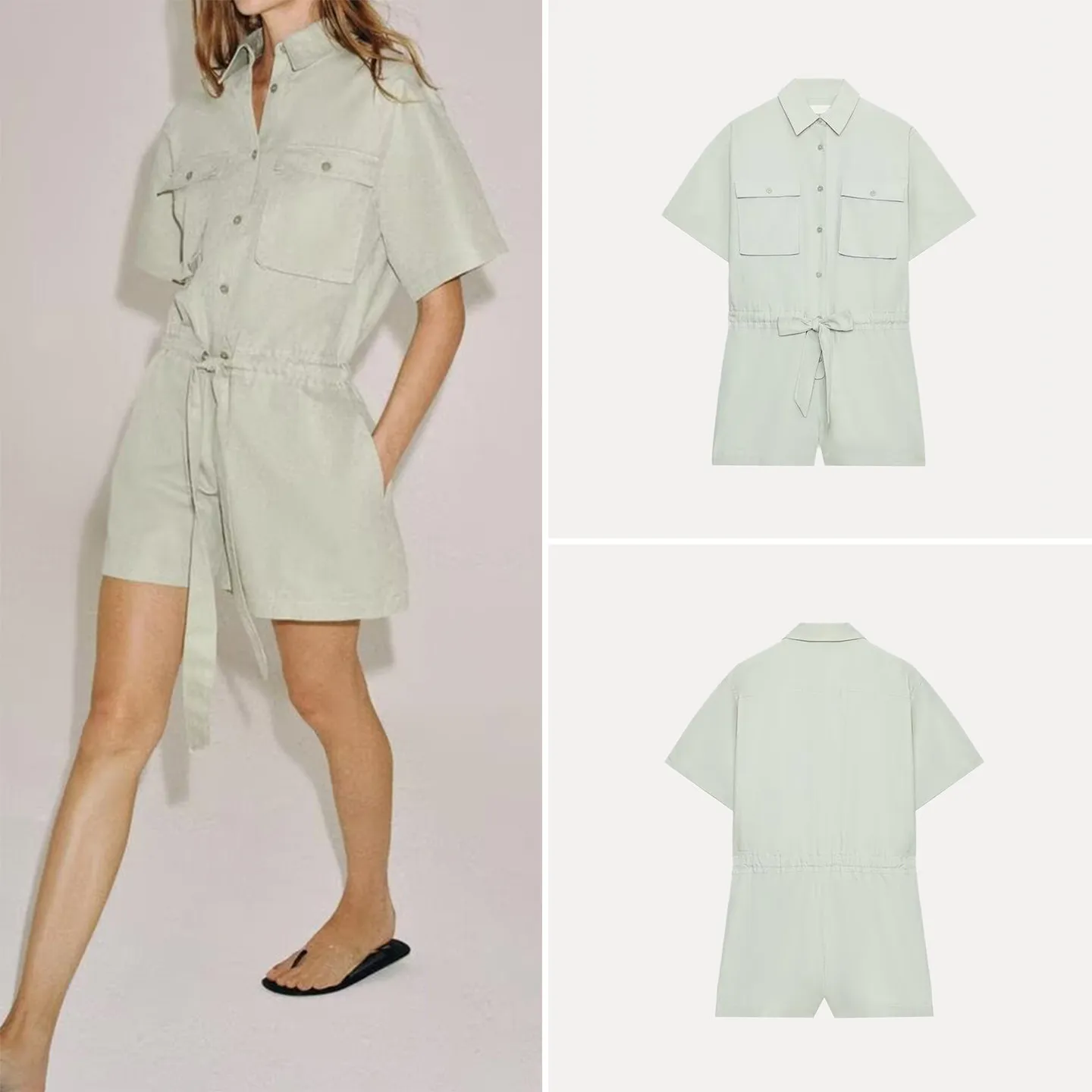 

2026 New Women's Commute Shirt Style Short Sleeve Belted One-Piece Pants High Waist Straight Cut Summer Fashion ZADATA
