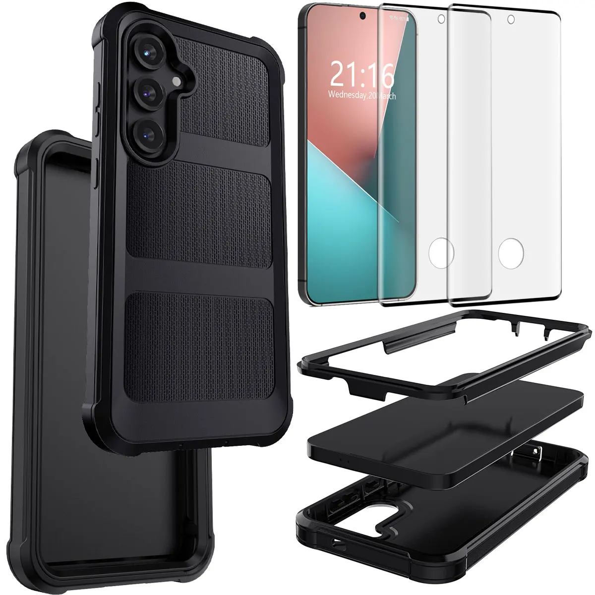 

For Samsung Galaxy S25 Plus S25 S25 Ultra 5G Case Protective Dual Layers Cover Black And 2pcs Tempered Glass Screen Protectors