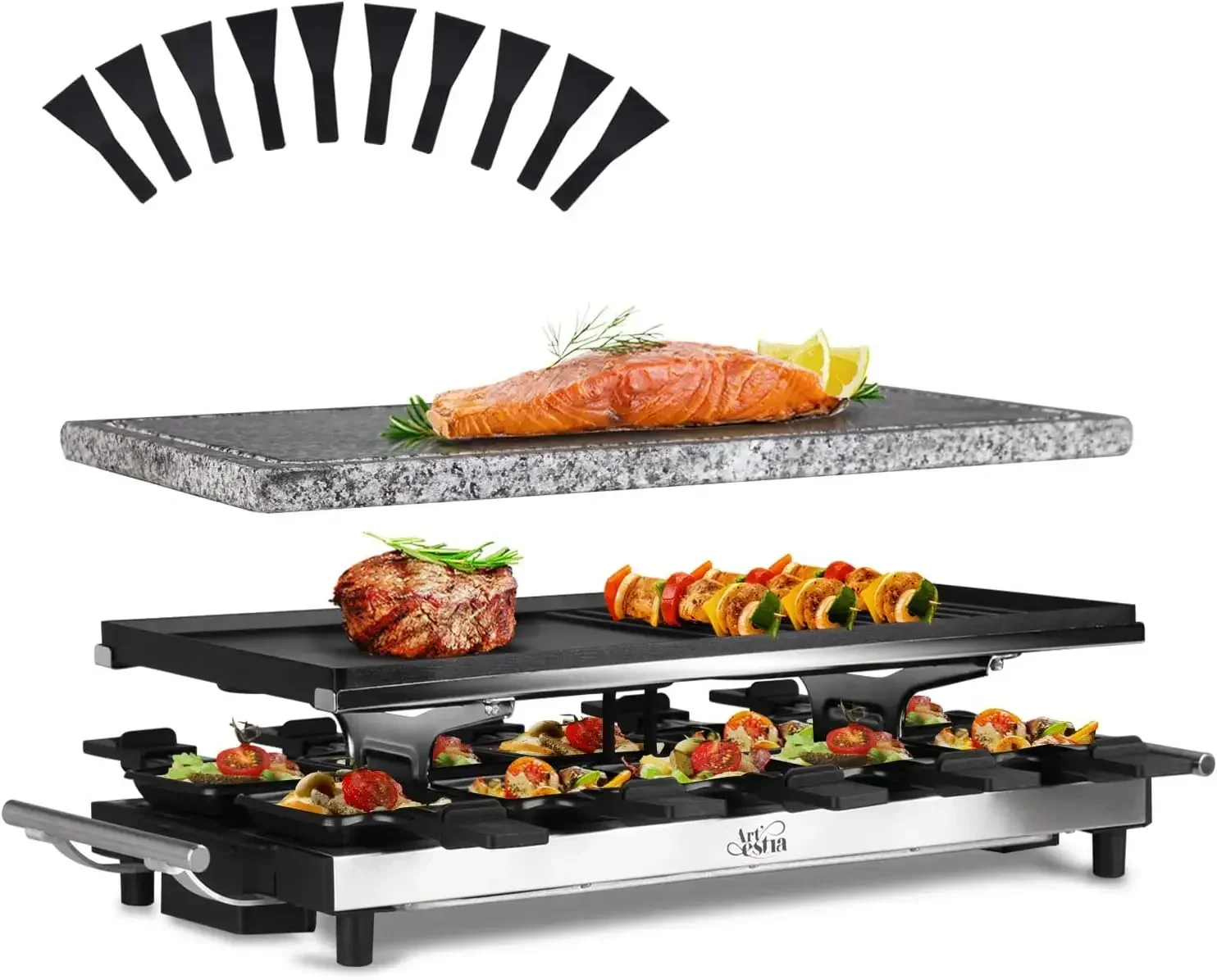 Artestia Raclette Table Grill,1500W Raclette Grill,10 Paddles Korean Bbq Grill,Cheese Raclette with Grill Stone