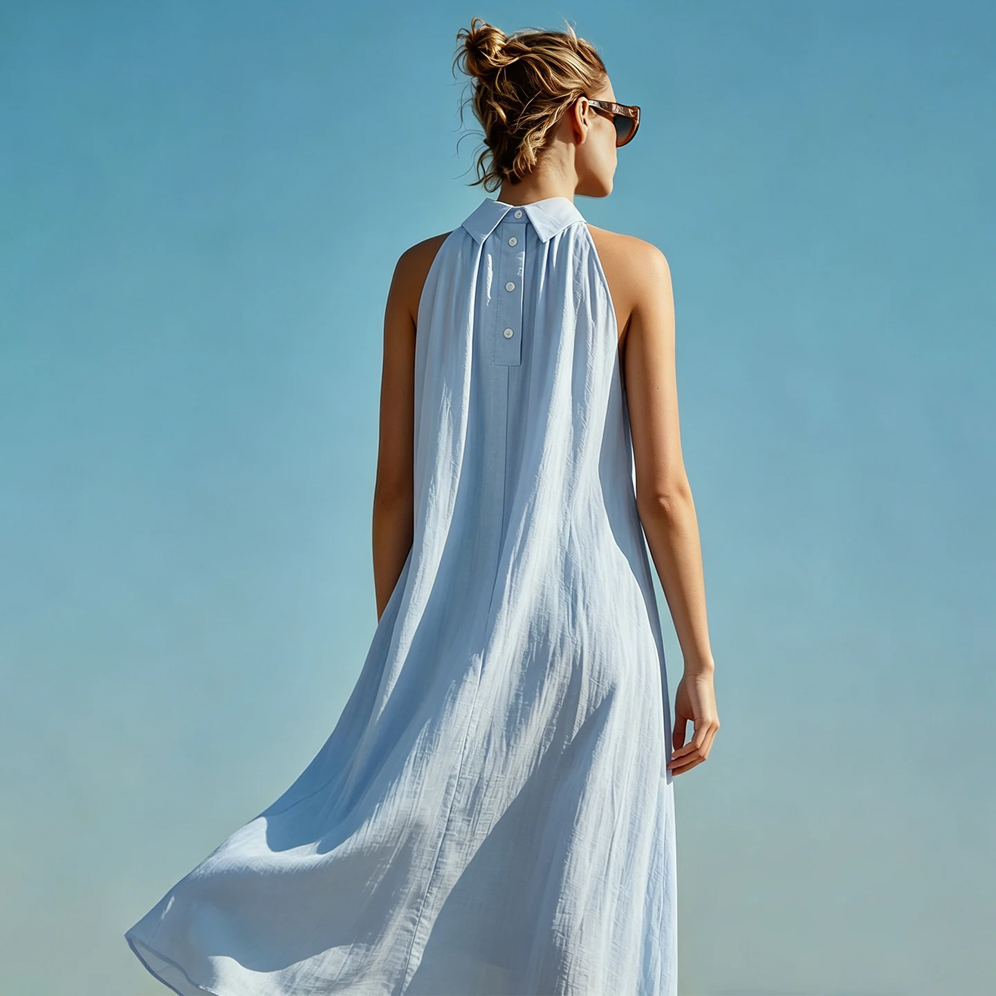 Women's Sleeveless Lapel A-Line Dress with Back Buttons