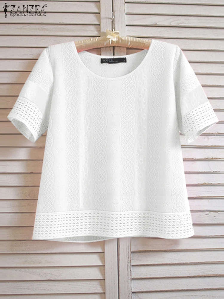 

ZANZEA Cotton Blusas Women Solid Tops Casual Loose Short Sleeve Blouse Fashion O Neck Tunics 2025 Female OL Work Pullovers