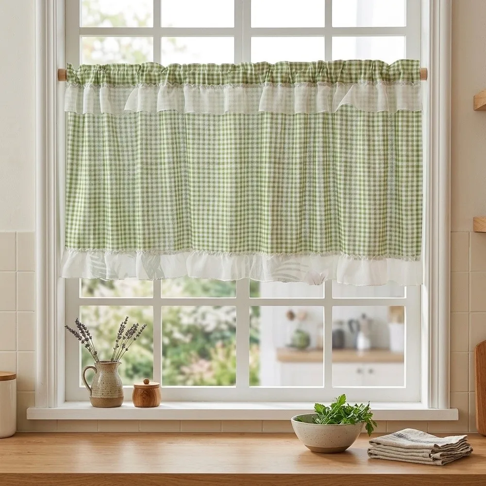 Soft Sheer Window Treatment Curtains 150*60CM Plaid Short Curtain Classic Small Grid Print Soft Warm Color Matching