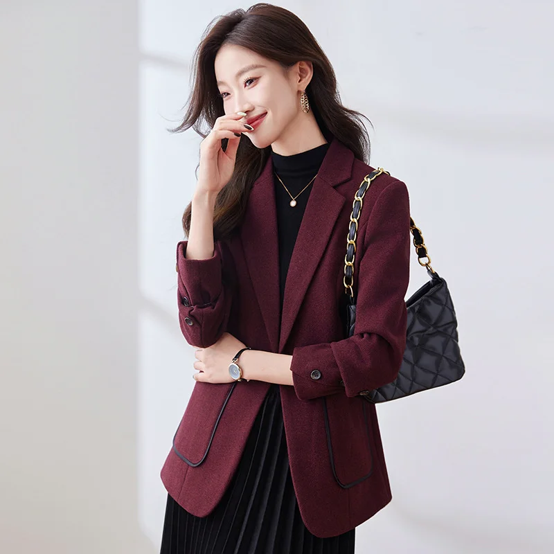 2025 Autunno Inverno Donna Giacca da abito rosso vino Giacca da donna Giacca da donna Manica lunga con bottone singolo Giacca formale Cappotto Capispalla femminile
