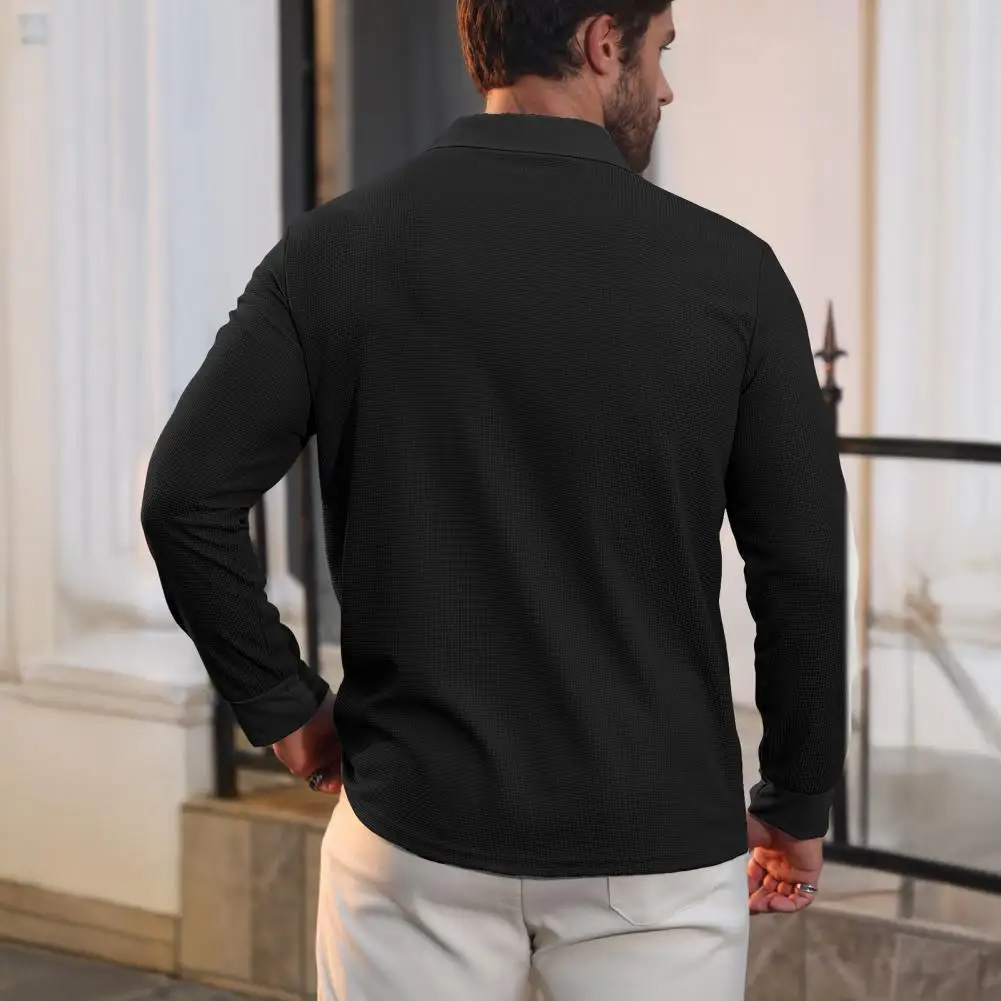 

Solid Color Men Shirt Men's Waffle Long Sleeve Golf Shirt Casual Pullover Turndown Collar Shirt Quarter Button Neck for Office