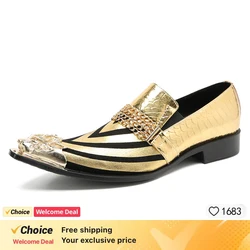 Grey/Gold Formal Business, Party Shoes Men Luxury Italian Men's Shoes Pointed Metal Toe Leather Dress Shoes Men