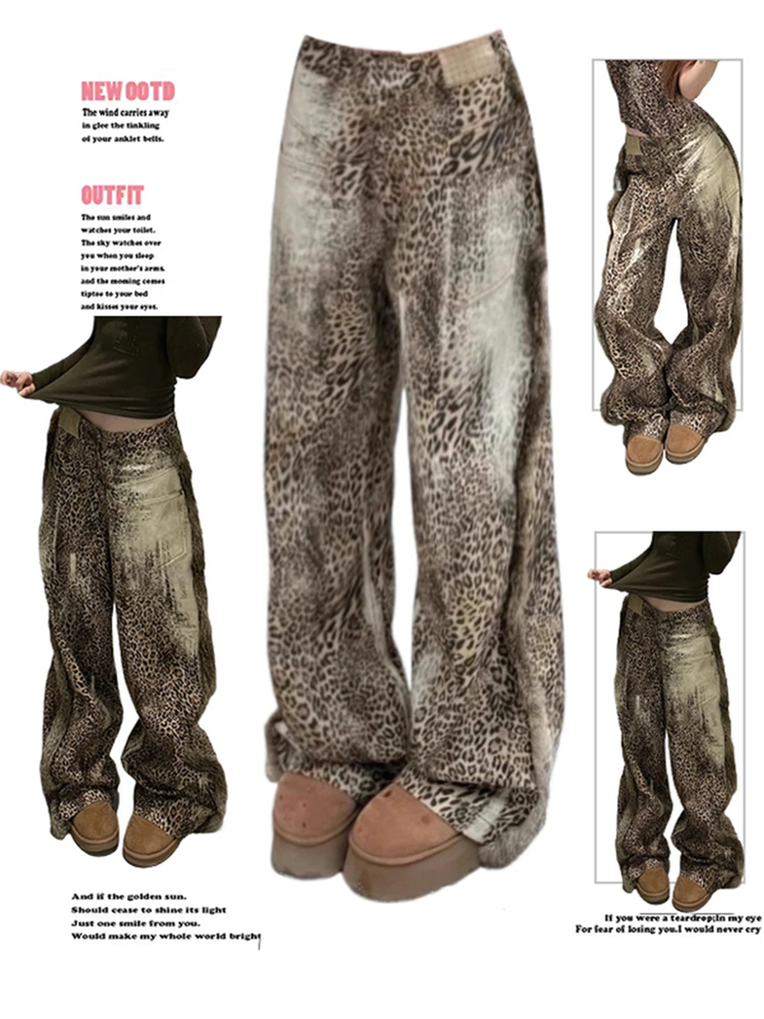 Damen-Jeans mit hoher Taille, weitem Bein, Leopardenmuster und Kunstfellbesatz, Vintage-Y2K-Streetwear-Mode-Denim-Hose
