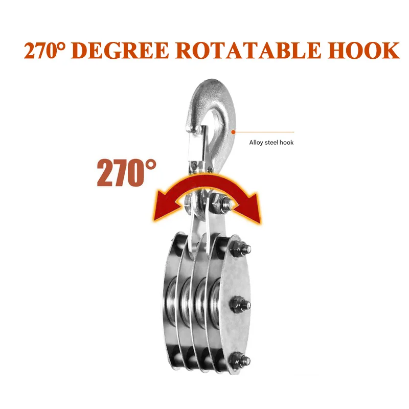 270 °   Bloque de polea de cuerda giratoria, gancho de aleación, grúa de mano, polipasto de alta resistencia, dispositivo de elevación Manual, instalaciones de elevación