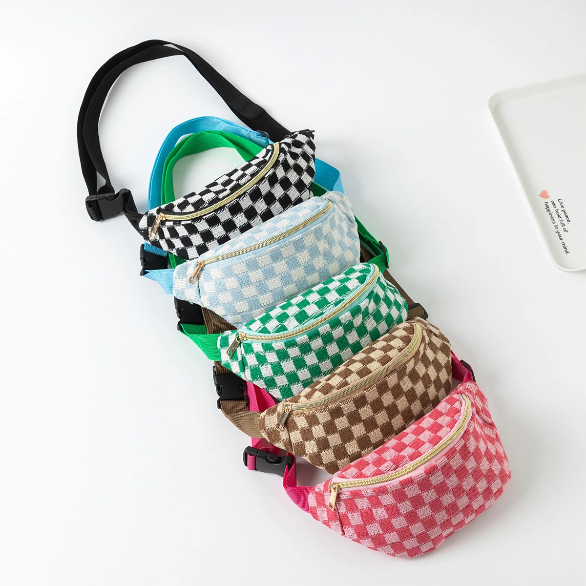 1PC Color-Block Checkerboard Pattern Makeup Bag, Portable Adjustable Shoulder Strap Daily Small Item and Cosmetic Storage Bag