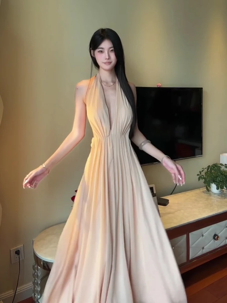 

Sexy Backless V-Neck Dress Keni plus Size Women's Summer Casual High Waist A-Line Skirt Hanging Neck Long Dress Korean Style