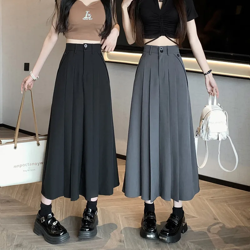 High Waist Long Hip Skirt Temperament Basic Coffee Color Skinny A-line Pleated Skirt Female Elegant 3XL