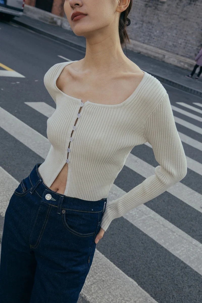 

American Retro Square Collar Knitted ort Cardigan Pearl Button Slim Fit Inner Wear Top Trendy Street Sle Long Sve