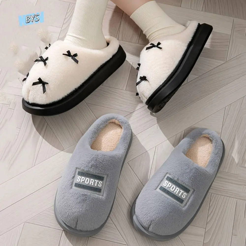 

Soft Plush Couple Slippers Fluffy Slides Anti-slip Winter Warmer Slippers Bow Thickened Warm Home Cotton Shoes Houseshoes