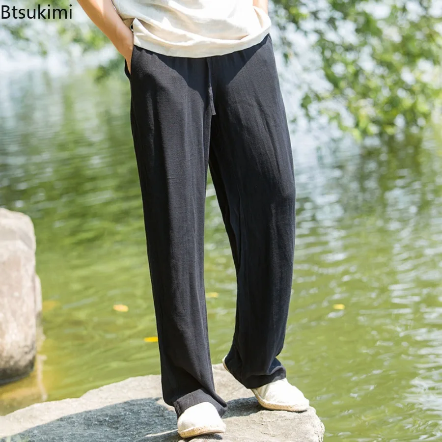 2025 Men's Summer High Quality Linen Casual Pants Fashion Loose Thin Ice Silk Straight Leg Pants Cotton Linen Wide Leg Trousers