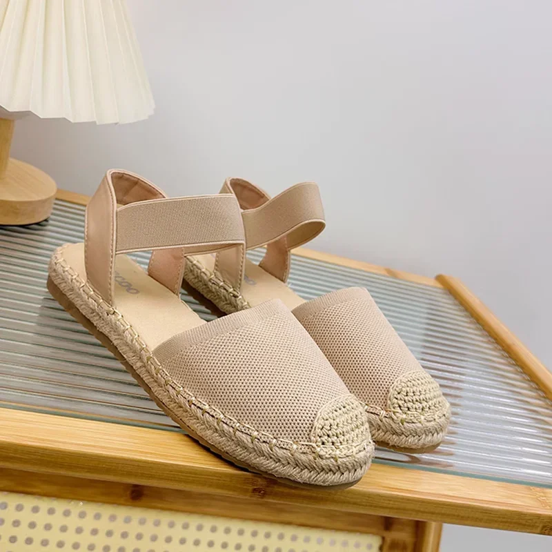 

Модные римские сандалии Baotou, женские однотонные тканые туфли на плоской подошве, большая повседневная женская обувь, рыбацкая обувь из пеньковой веревки