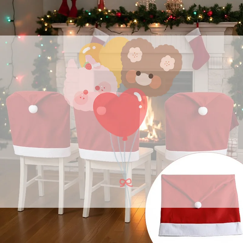 1/4/6/8/12 Fundas para sillas con diseño de gorro de Papá Noel, con ribete blanco suave y adorable pompón, para decoración navideña del hogar.