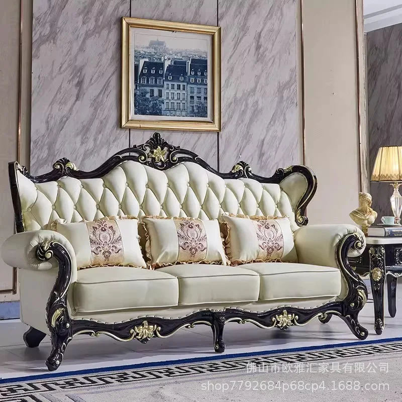 American Solid Wood Leather Sofa Living Room Combination Set Size Luxury Villa European High-end Carved Furniture