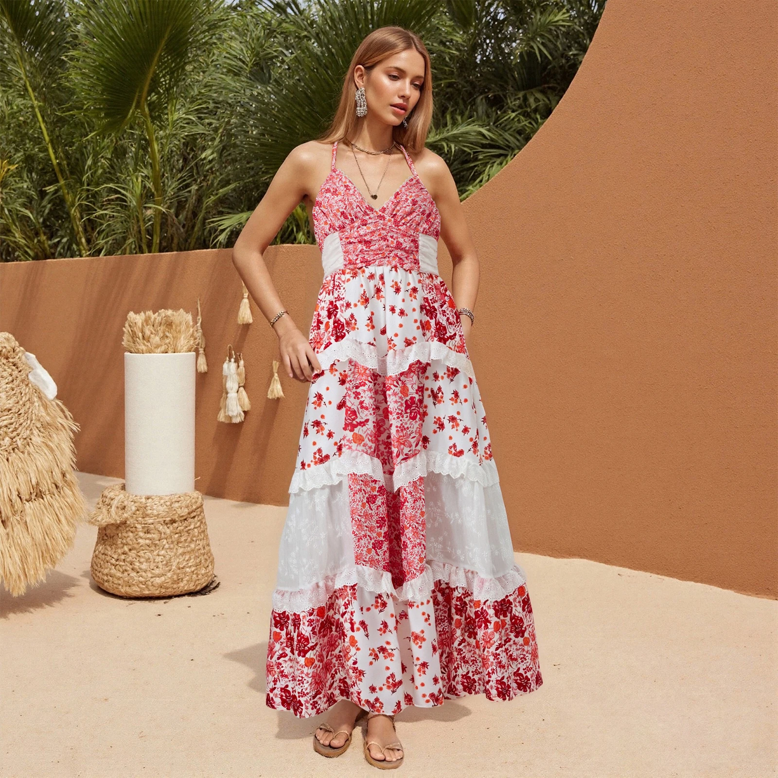 Vestido longo feminino com estampa floral, sem mangas, alça espaguete, vestido plissado em camadas, vestido de férias