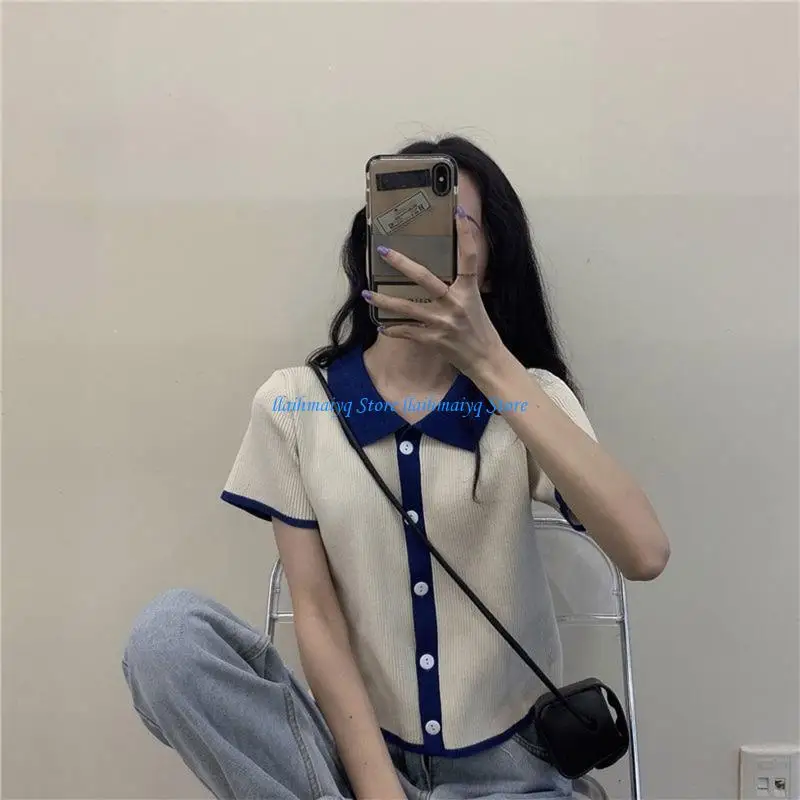 

573B Women Summer Ice Silk Ribbed Knitted Cropped Cardigan Short Sleeve Lapel V-Neck Button Down Sweater for Jacket Contrast