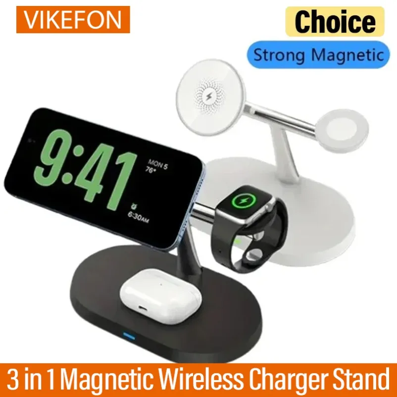 15W Magnetic 3-in-1 Wireless Charger Fast Charging Stand for Smartphone Smartwatch & Wireless Earbuds Portable Desktop
