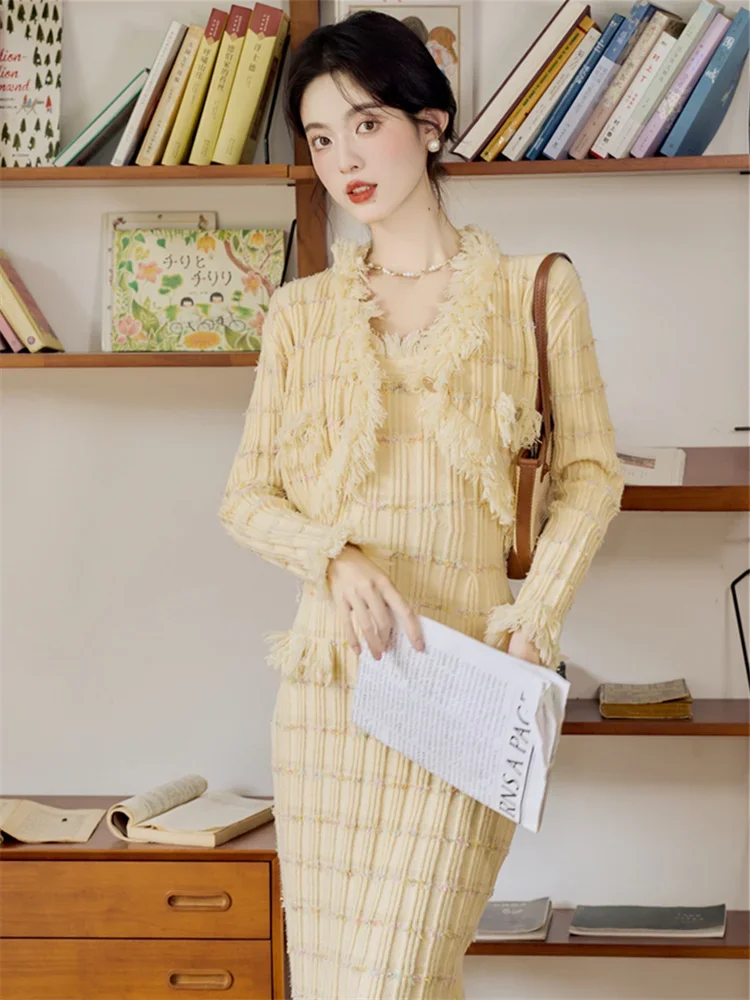 MiiiiX French Elegant Dress Sets Yellow Short Knitted Jacket Coat Long Tassel Sheath Strap Dress 2024 Autumn Women Two-piece Set