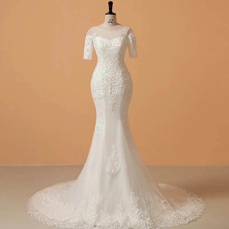 

Short Sleeve Mermaid Wedding Dresses With Train Luxury Light Wedding Dress Classic Lace Bridal Dress Plus Size Vestido De Noiva