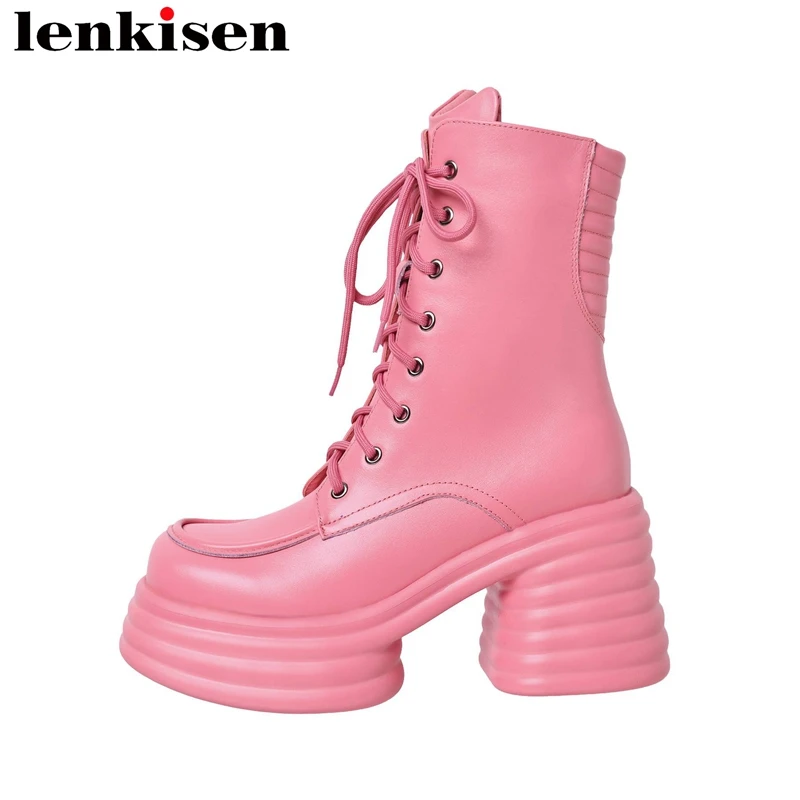 

Lenkisen Cow Leather Luxury Super High Heels Pink Color Winter Modern Boots Platform Lace Up Increased Solid Warm Ankle Boots