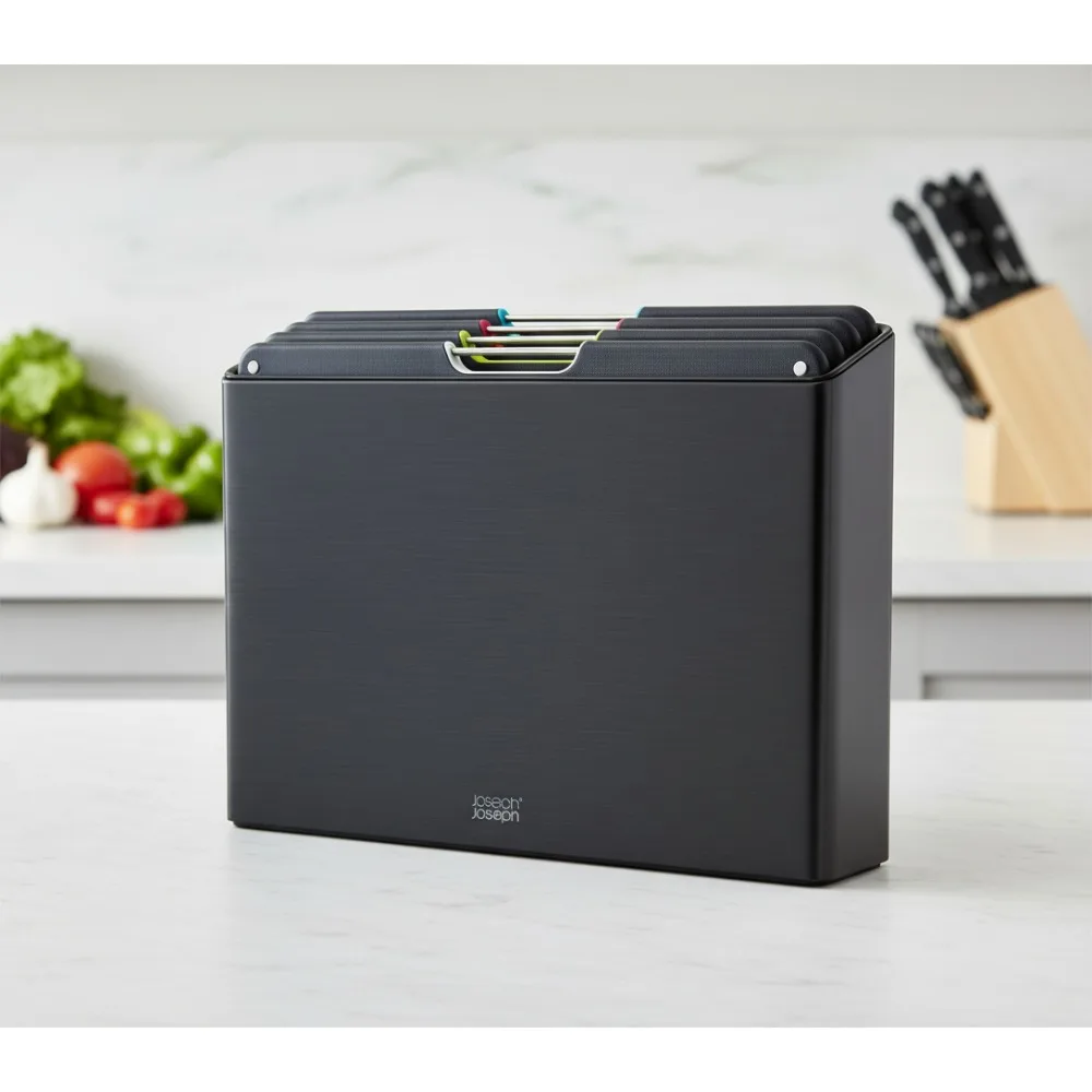 

Набор разделочных досок с цветным кодированием из 4 предметов и корпусом из нержавеющей стали для организованного кухонного хранения, черный