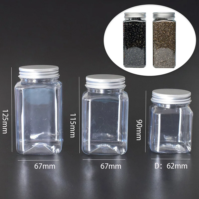 Transparent Plastic Bottles Storage Jars with lids Aluminum Cap Tin Pot Clear Empty Cosmetic Containers for Kitchen Home Storage