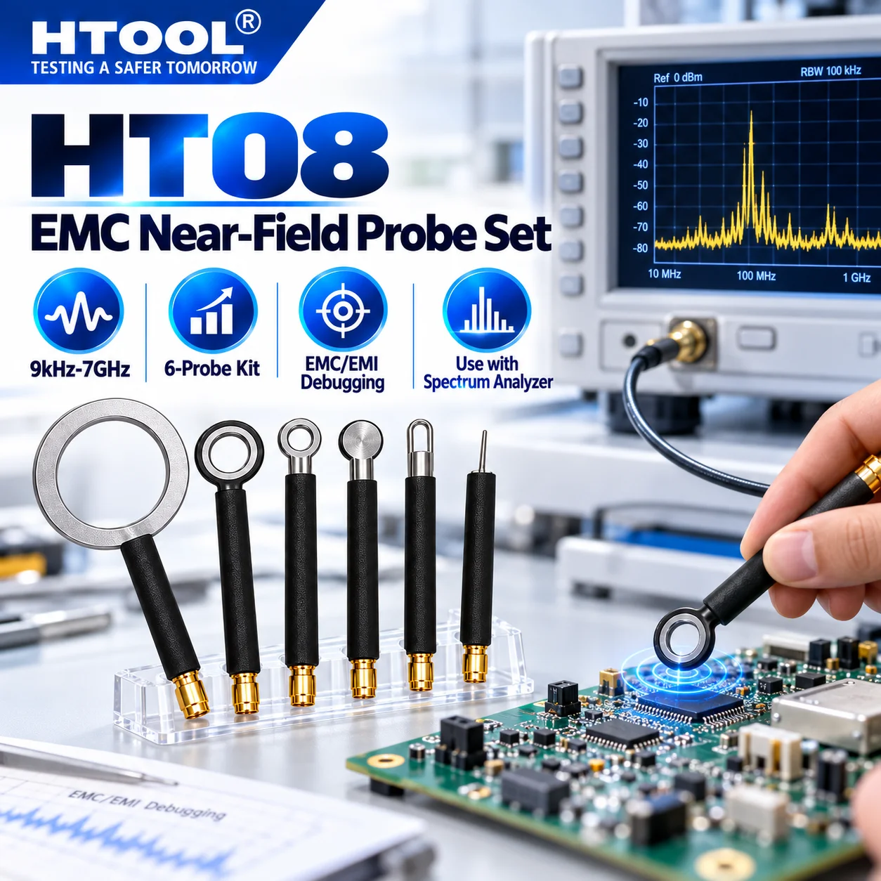 HTOOL HT08 EMC EMI Near Field Probe Set 9kHz-7GHz 6 Probes with SMA Adapter for Spectrum Analyzer PCB Testing