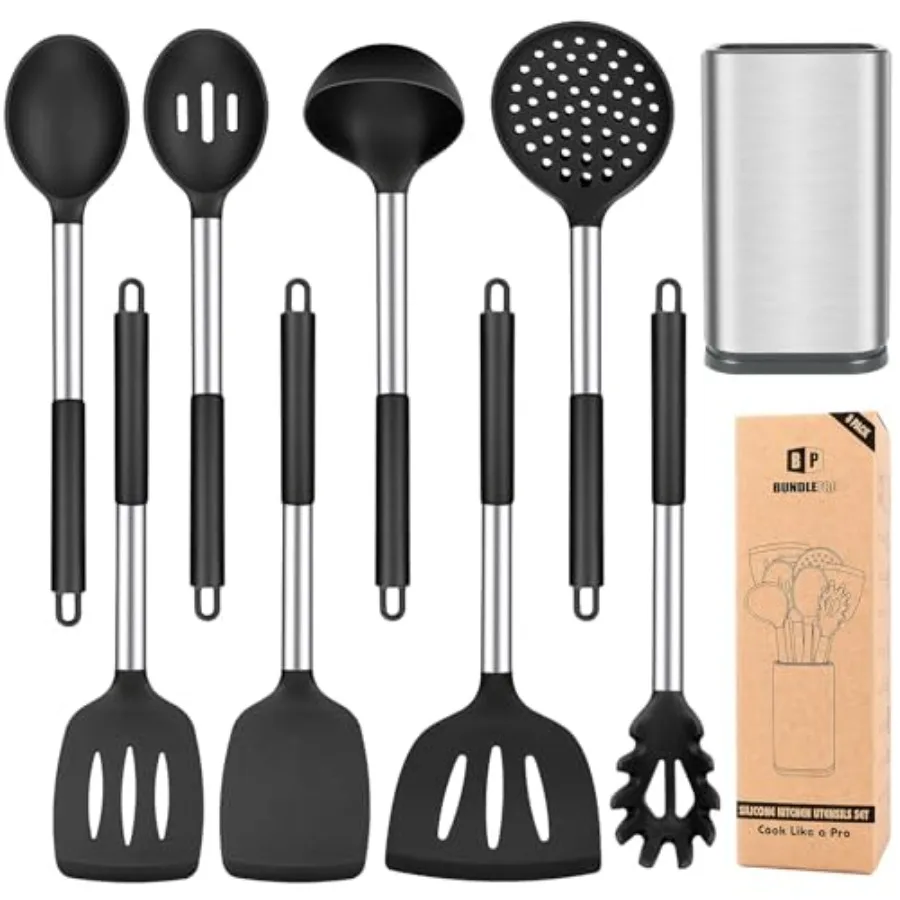 

Silicone Cooking Utensil Set, 8Pcs Non-stick Cookware with Stainl Steel Handle, BPA Free Heat Resistant Kitchen Tools with Spat
