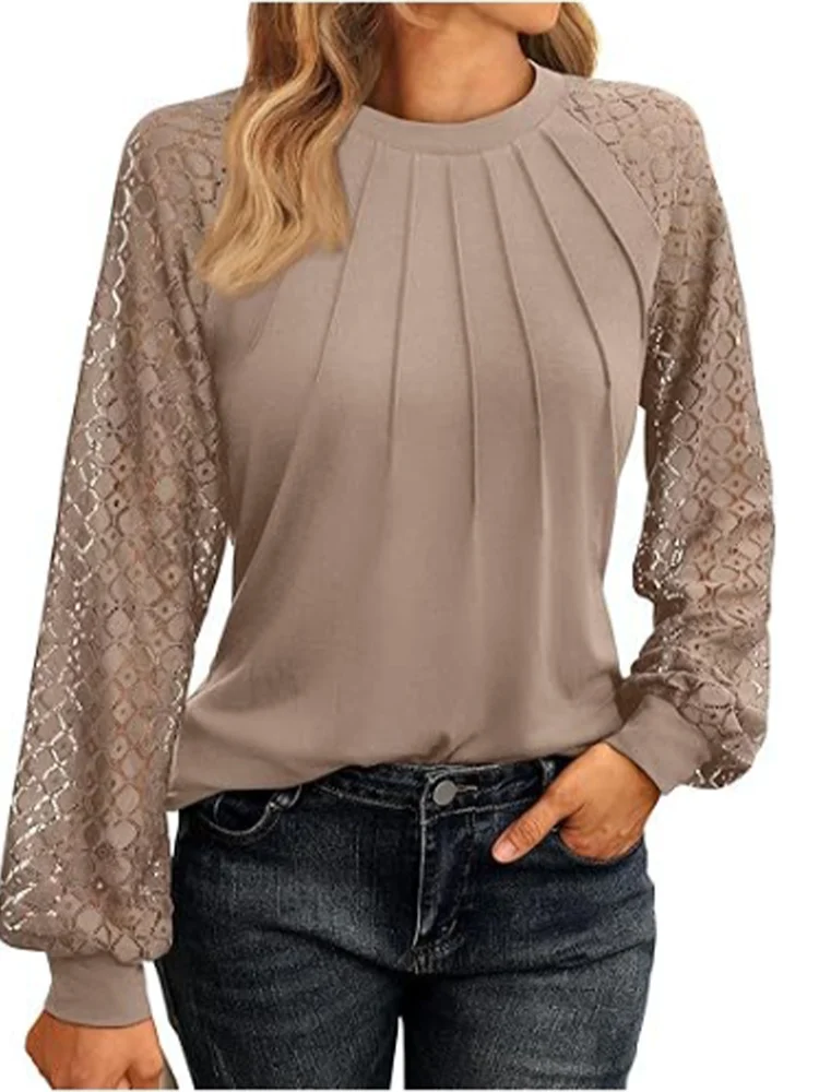 INPETAL Women Solid Lace Pleated Blouse 4
