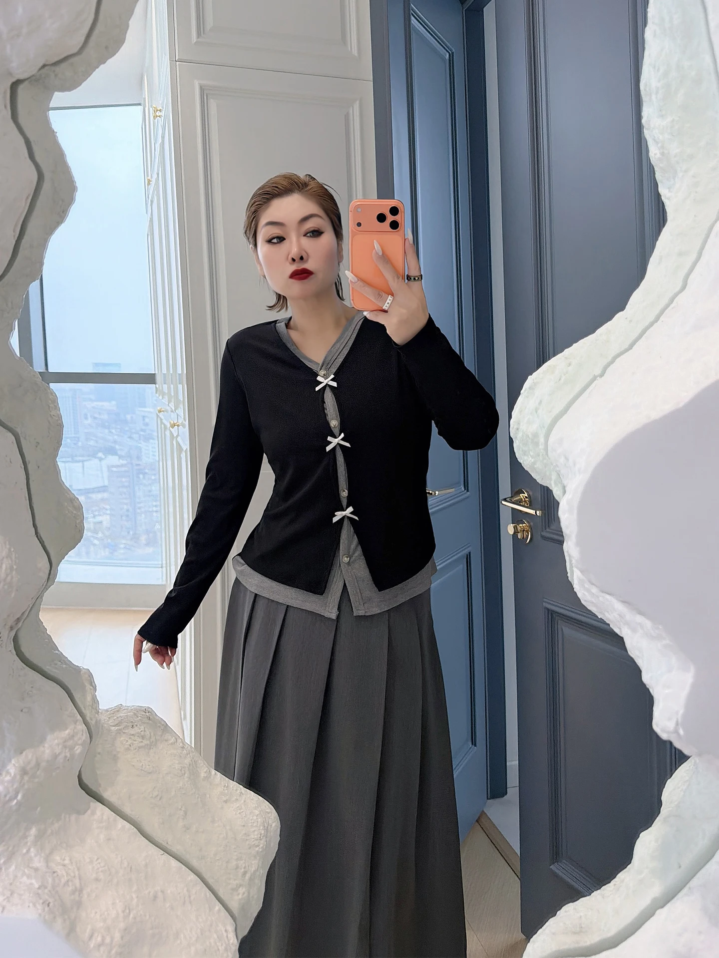 

High Waist Long Sve V-Ne Slimming Two-Piece Set plus Size Women's Faion Casual Outfit A-Line Skirt Ensemble