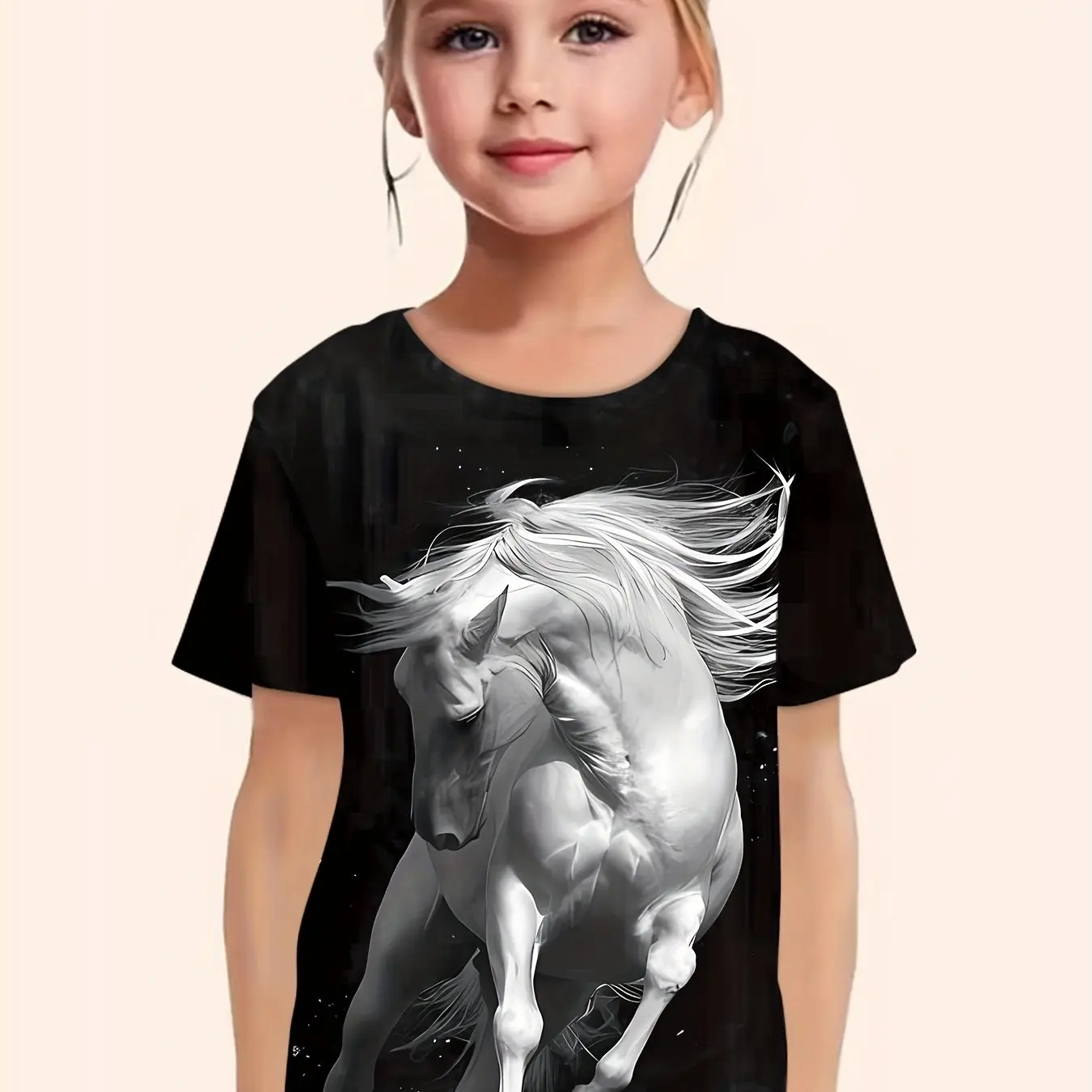 Children's Clothing Girl Clothes Short Sleeve Girl T-Shirt Casual Vintage Horse Print Kids Summer Clothes Girl Top O-Neck Tee﻿s