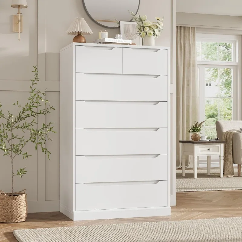 HITHOS Cómoda de 51" de alto con 7 cajones, cómoda blanca moderna, cómoda y cómoda de madera con asas recortadas, blanco