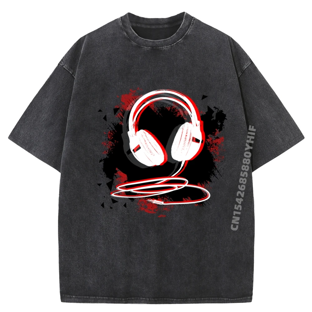 

Music Sound Headphones Funny for DJ Musician Black Graphic T Shirts Mens Camisetas Character Washed Clothes