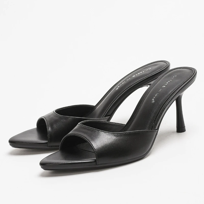 Fashion Concise Women Heels Slippers Pointed Toe Elegant Sandals Ladies Light Casual Slides Summer Black Mules Shoes Pantuflas